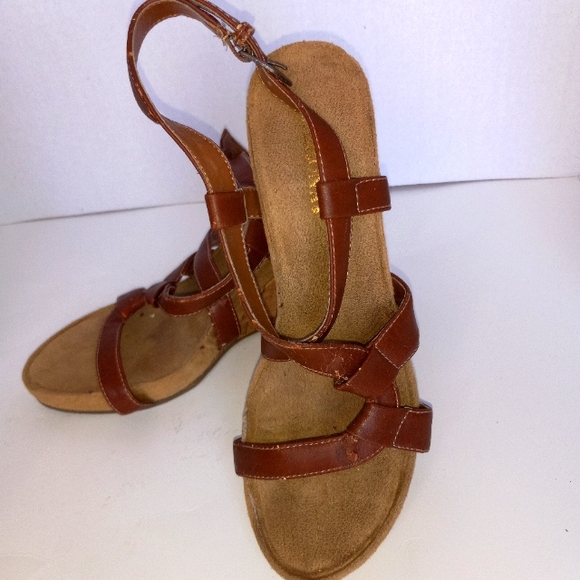 MERONA 4 in. Wedge 7.5 brown strappy sandal with cork look wedge 90's - Picture 1 of 7